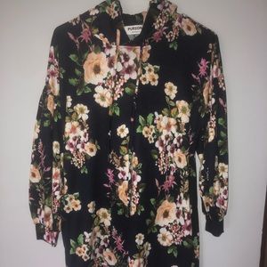 Navy and flower print tunic type shirt with hood